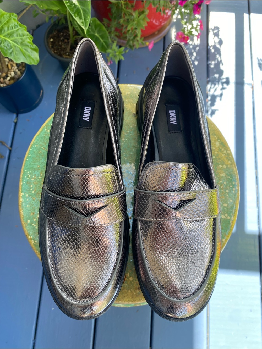 DKNY Pewter Metallic Snake-Embossed Loafers - Black/Silver